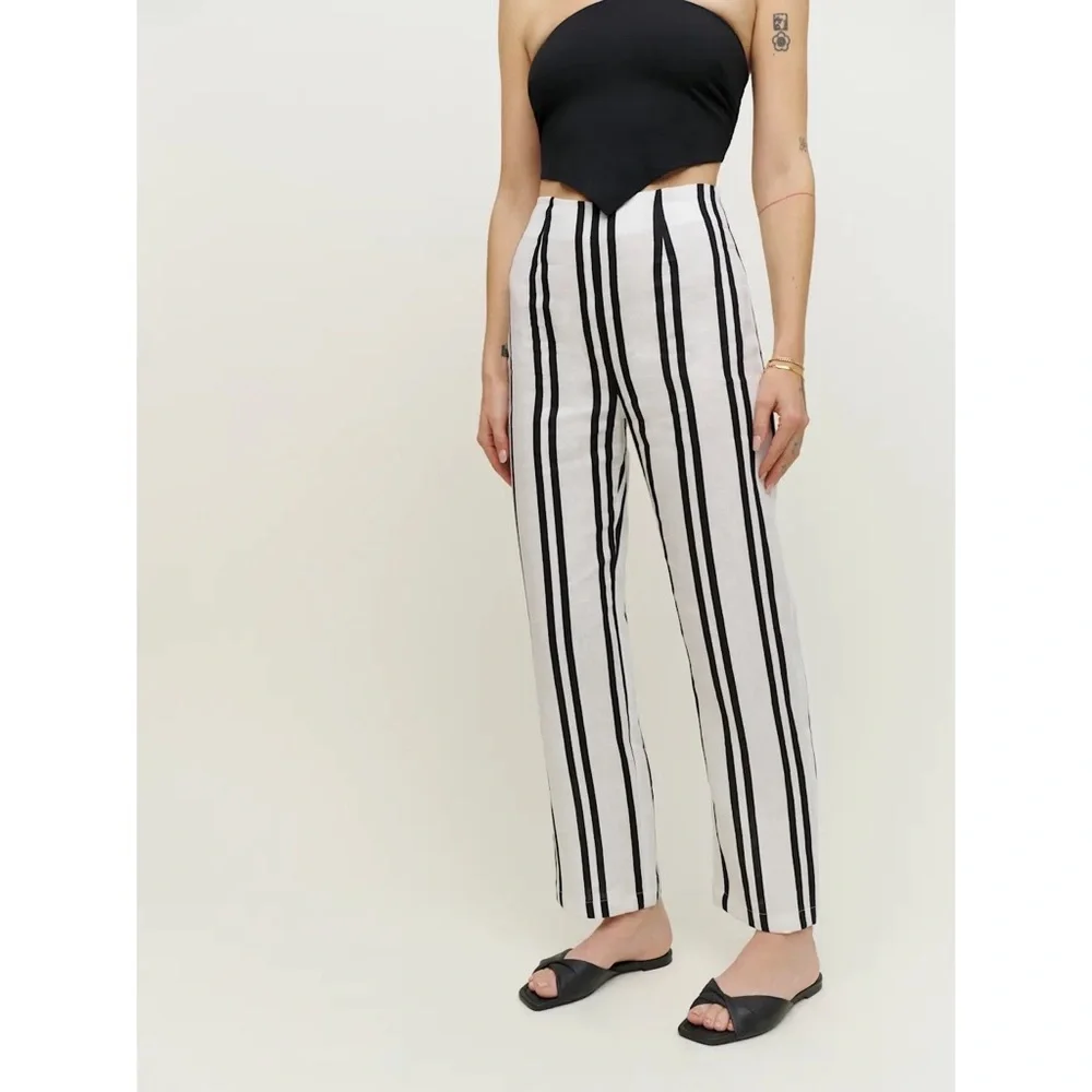 NWT Reformation‎ Poppy Linen High Rise Straight Leg Pant PJ Stripe Black & White